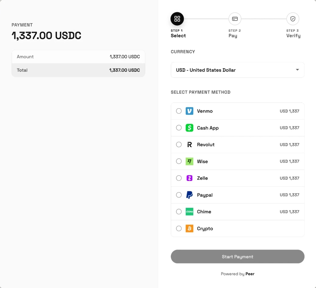 The Peer Pay hosted checkout with currency and payment app selection